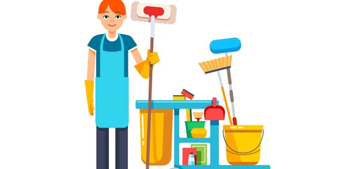 Professional cleaner woman with janitor cart